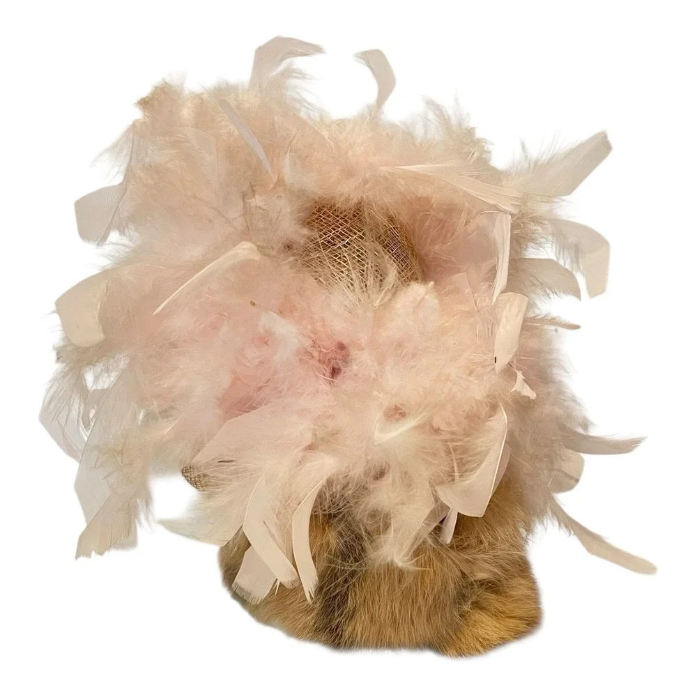Vintage Genuine Rabbit Fur Fancy Cat Figure with Feather Hat & Pearl Necklace 8